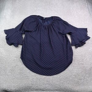 Chaps Top Women XL Blue‎ Red Polka Dot Bell Sleeve Ruffle Pleated Sheer Blouse